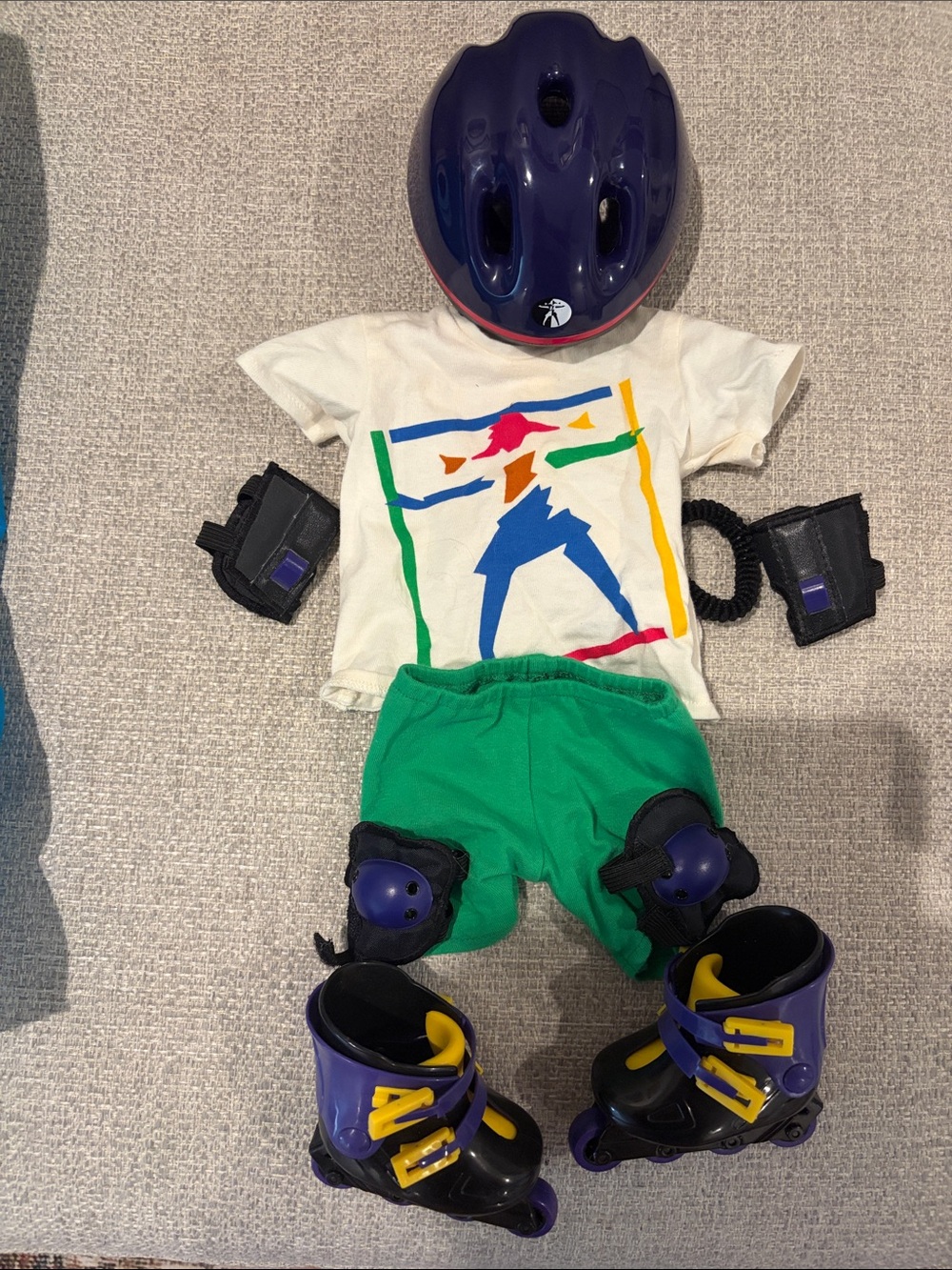 American Girl Purple Helmet & Rollerblade Outfit with Green Shorts